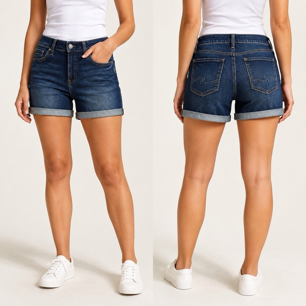 Silver Jeans Co Boyfriend Mid Rise Denim Shorts Size 27 Dark Indigo Cuffed